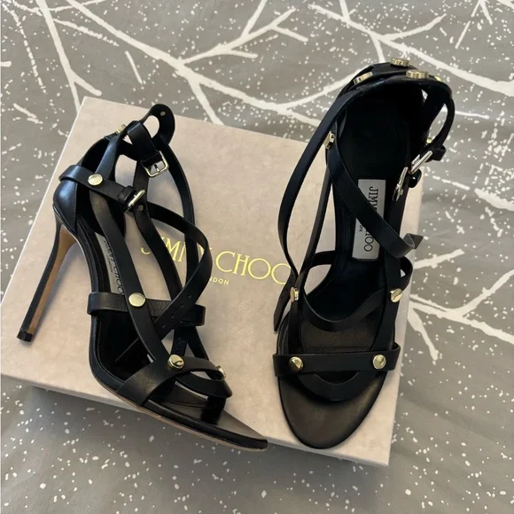 Jimmy Choo Motoko 100 Black/Gold Strappy Heels with studs - Picture 1 of 5